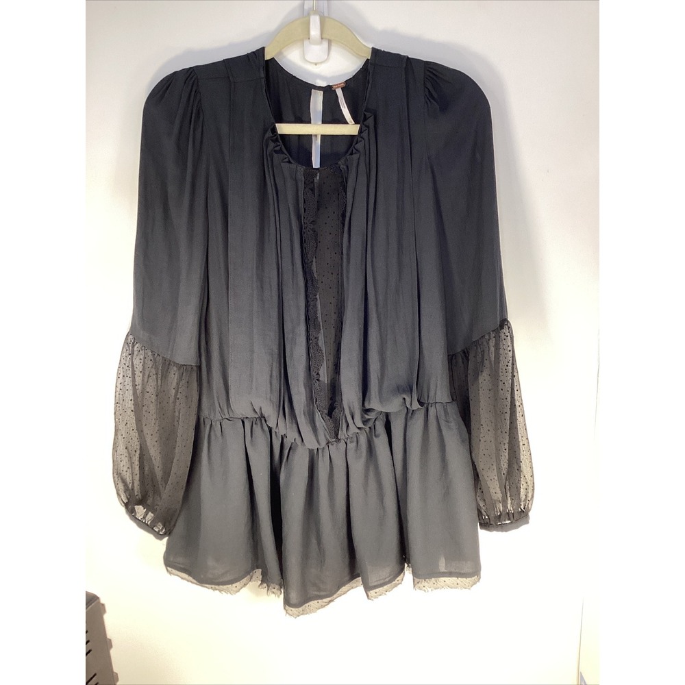 Free People Pheasant Balloon Sleeve Ladies Black Blouse Top Size XS